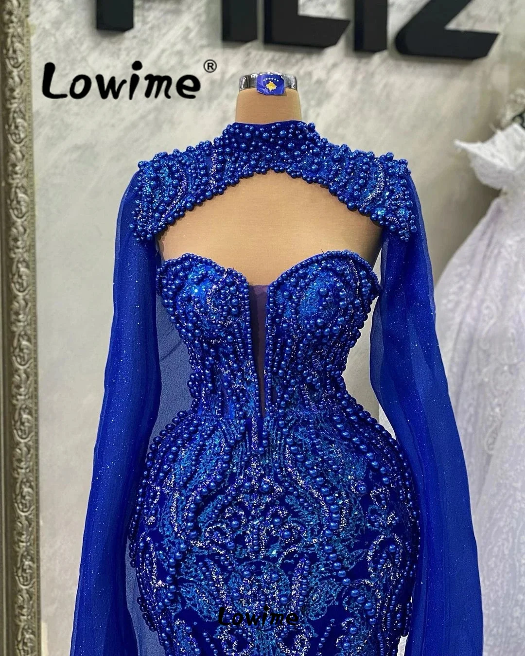 Royal Blue Full Beaded Women Evening Dresses Formal Cape Sleeve Diamodns Shiny Pearls Prom Dresses Custom Made Party Gowns Robes