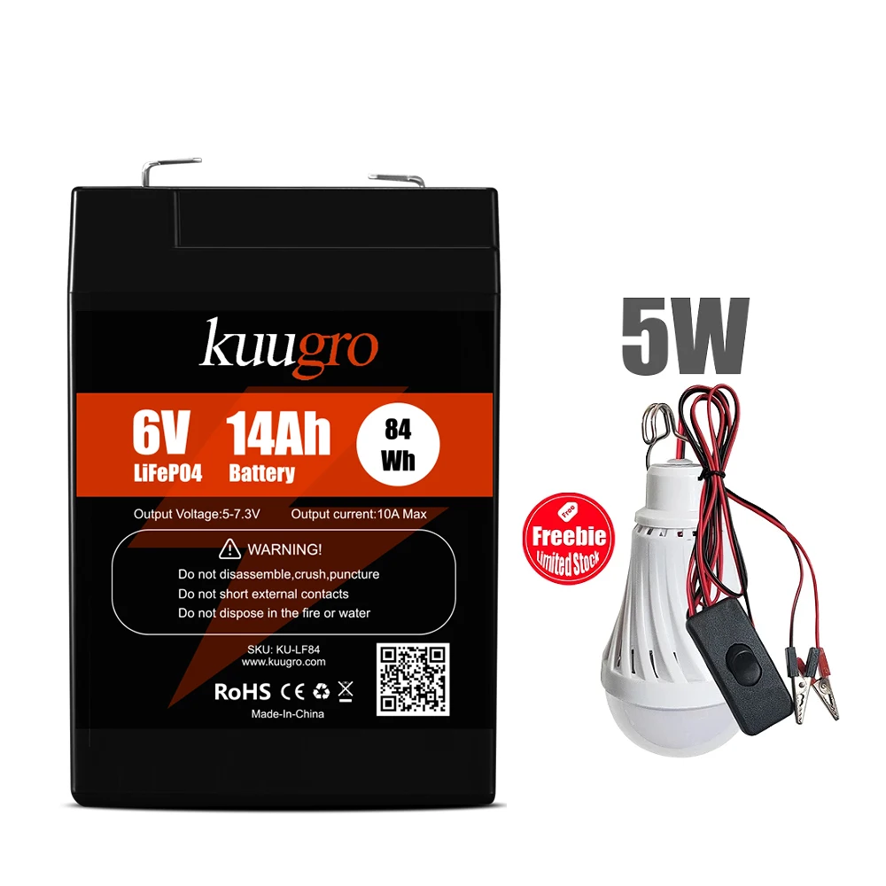 

kuugro 6V 7Ah 14Ah LiFePO4 Rechargeable Battery with BMS Replace 6V Lead-acid Battery for Emergency Power Supply Electric Scales