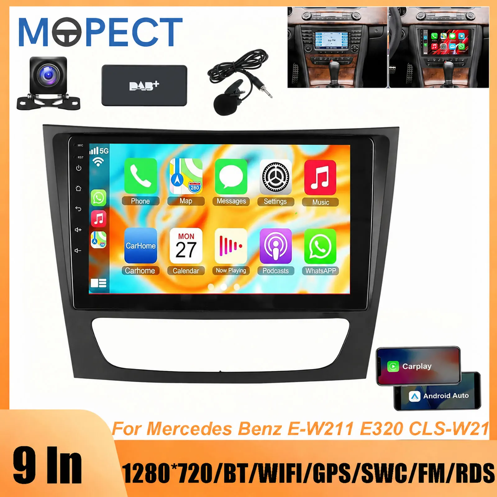 MOPECT 9-Zoll-Autoradio-Multimedia-Player für Mercedes Benz CLS E-Klasse W211 W219 Android 15/16 6+128G Doppel-DIN-Autoradio mit Touchscreen, MP5-Headunit, Carplay, Android Auto, Mirror Link, WiFi,