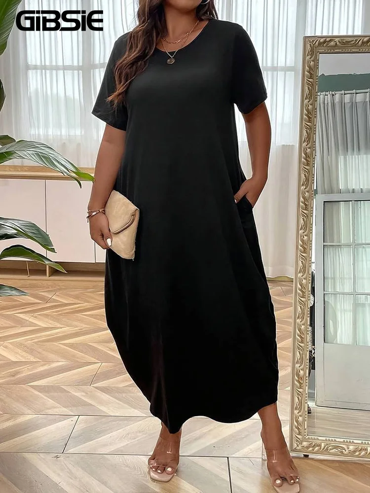 

GIBSIE Plus Size O-Neck Short Sleeve Loose Black T Shirt Dress Women Summer Fashion Casual Solid Color Maxi Dresses with Pockets