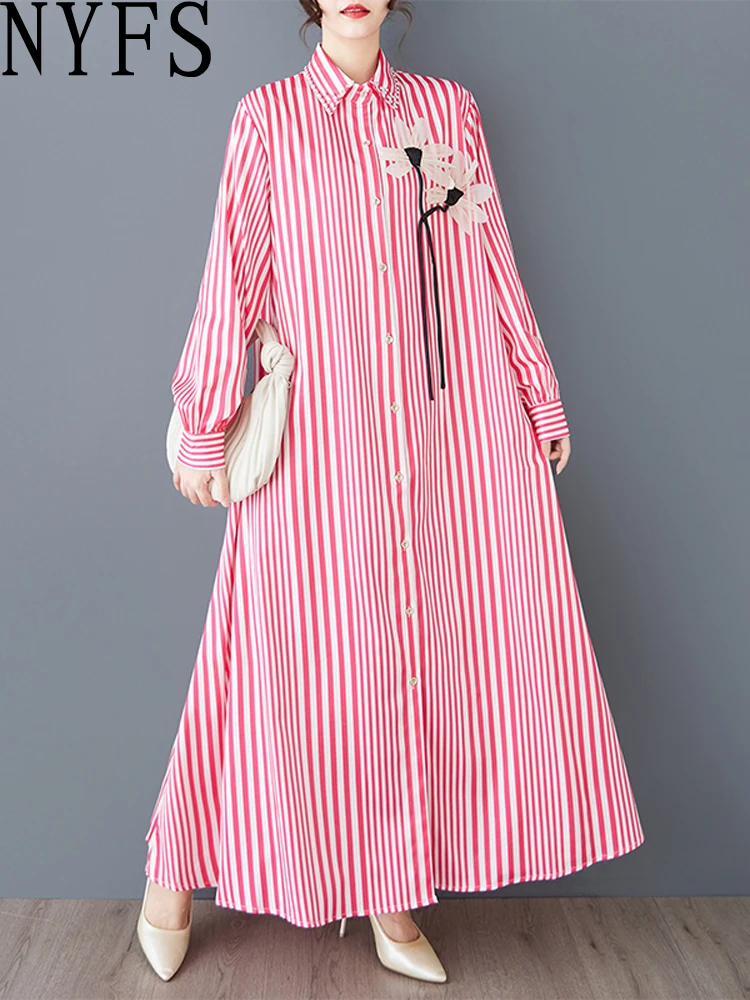 NYFS 2025 ربيع الخريف ثلاثي الأبعاد الزهور فستان نسائي فضفاض حجم كبير شريط فساتين طويلة رداء Elbise كم طويل #2