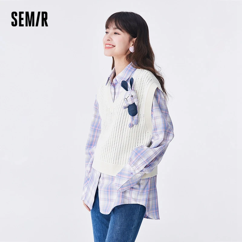 Semir Women Sweater Autumn New V-neck Hollow Vest Mid-length Plaid Rabbit Loose Two-piece Set Sweet Style Sweater for Women