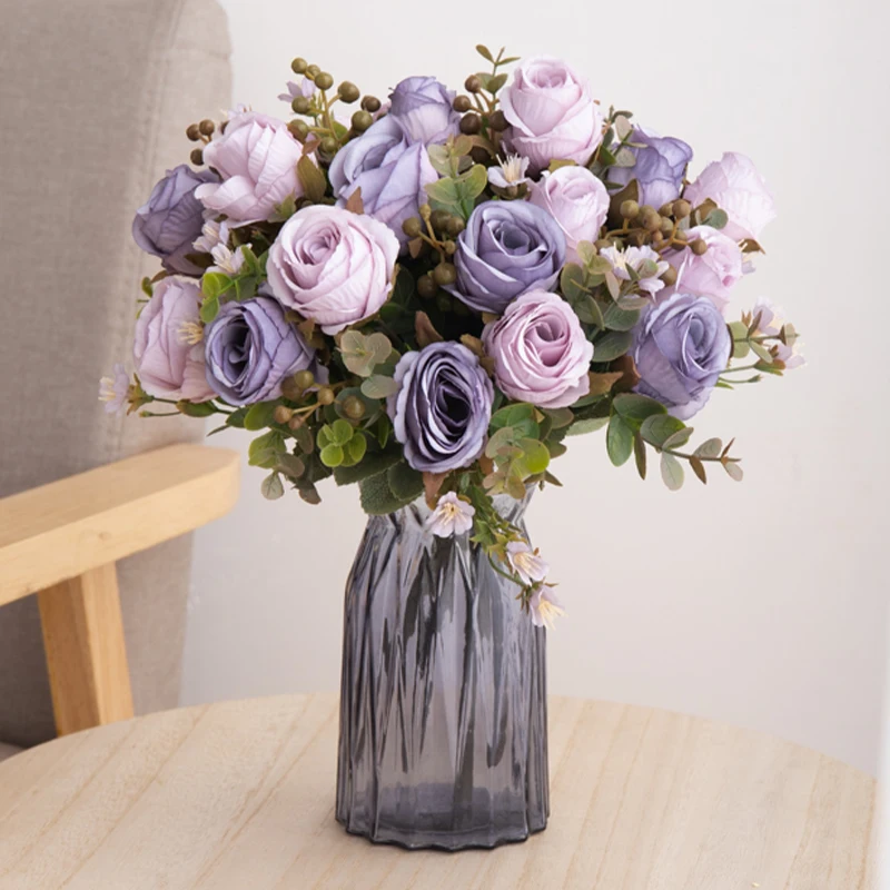 Artificial Flowers Rose Purple Silk Bride Bouquet High Quality Garden Wedding Home Room Decoration Gifts Fake Floral