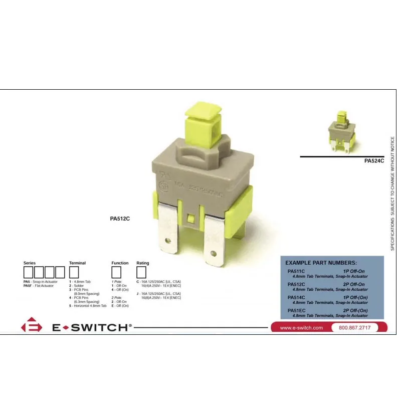 1pcs new 100% import Taiwan E-Switch PA512C self-locking switch 4pin dishwasher vacuum cleaner power button switch 16A 250V
