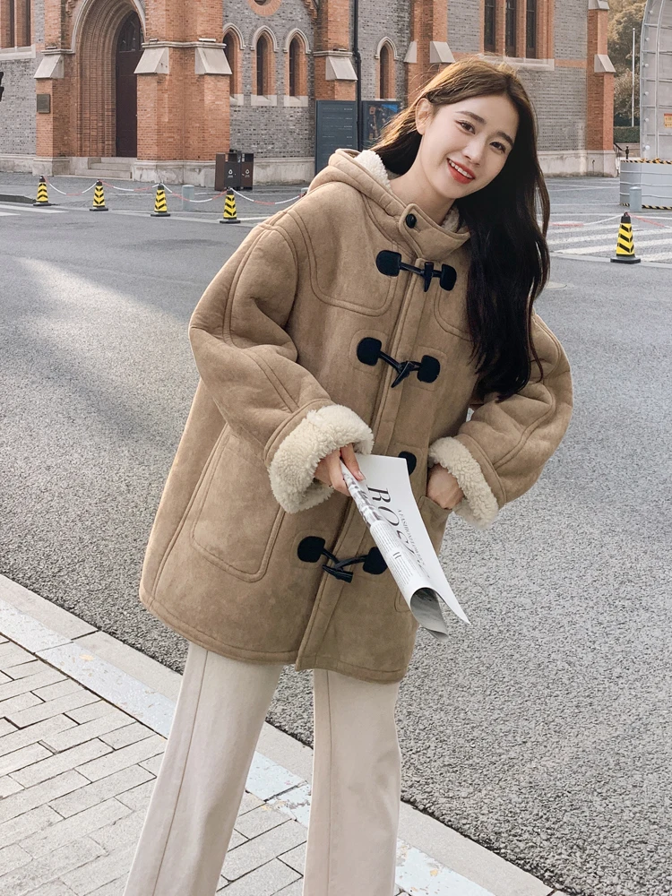 Korean Style Women\'s Autumn Winter Warm Coat Khaki Hooded Faux Wool Horn Button Thick Jacket 2023 Preppy Cashmere Plush Top