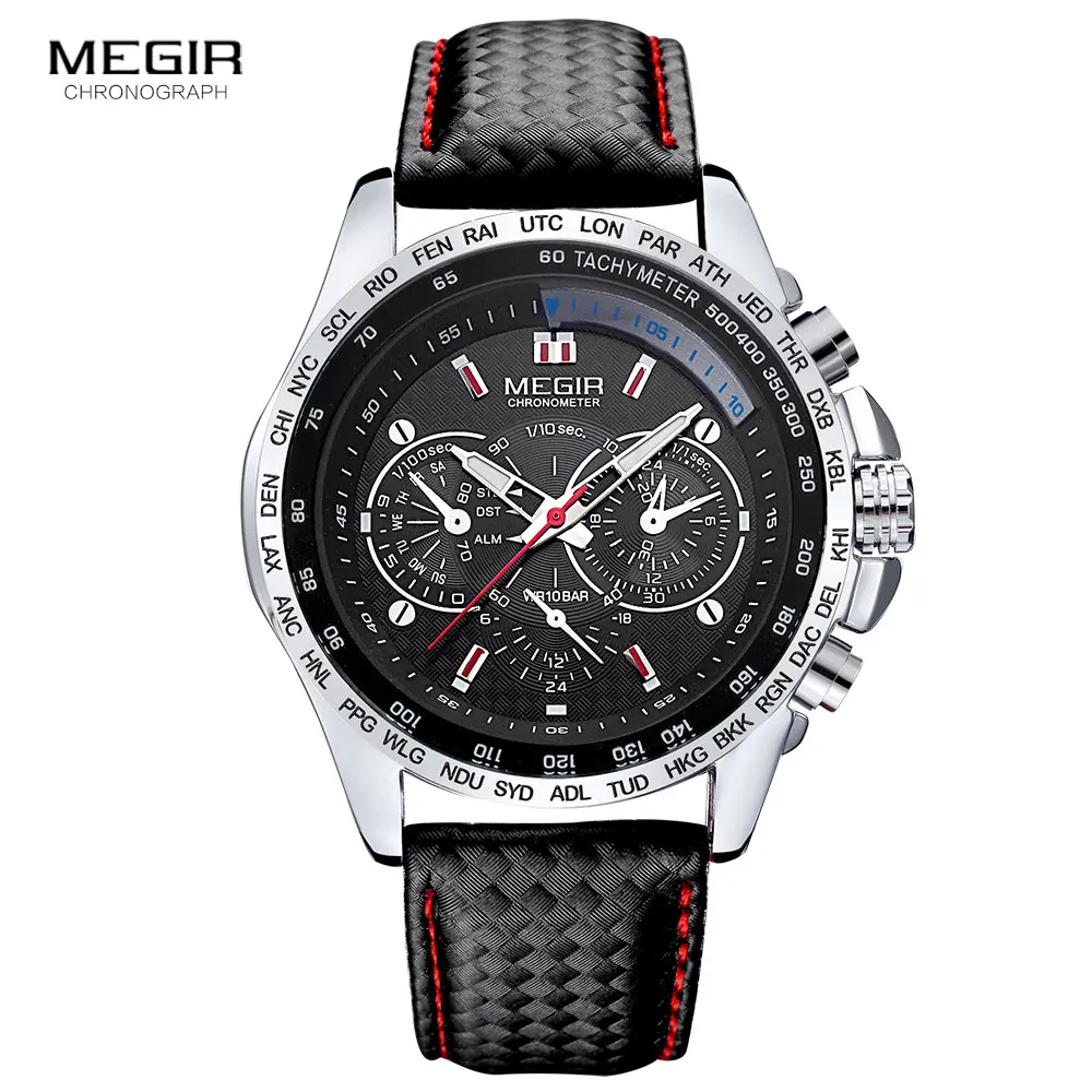 MEGIR hot fashion man\'s quartz wristwatch brand waterproof leather watches for men casual black watch for male 1010