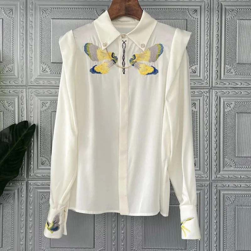 Women Spring Long Sleeve Blouse Shirt Birds Embroidery Vintage Blusas Feminina Shirts Office Ladies Tops Blouses Shirts NS140