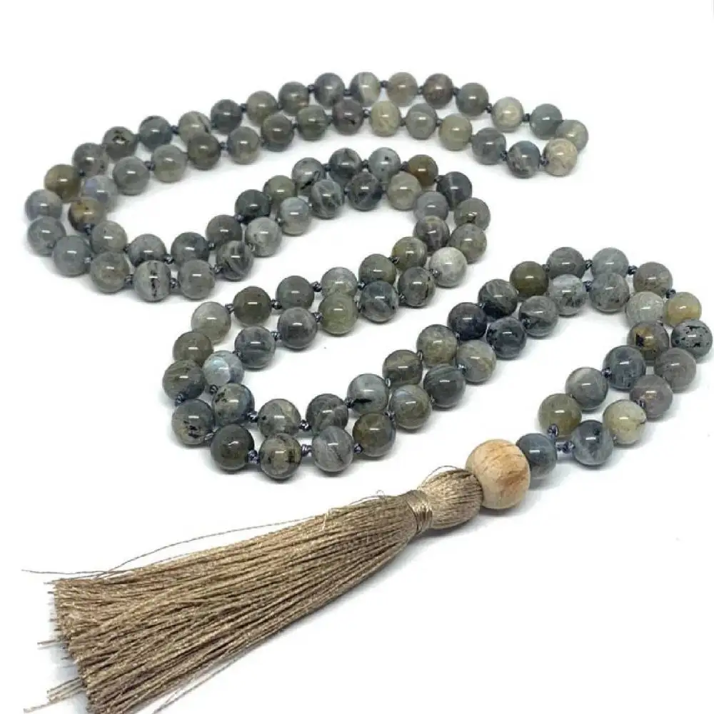 

Natural Labradorite 108 Beads Mala Necklace with Sandalwood Pendant & Beige Tassel Healing Crystal Jewelry