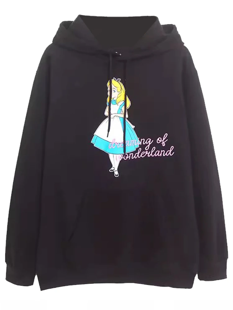 Disney Sweatshirt Alice im Wunderland Prinzessin Cartoon Print Stickerei Mode Frauen Kapuze Pullover Langarm Fleece Top Femme