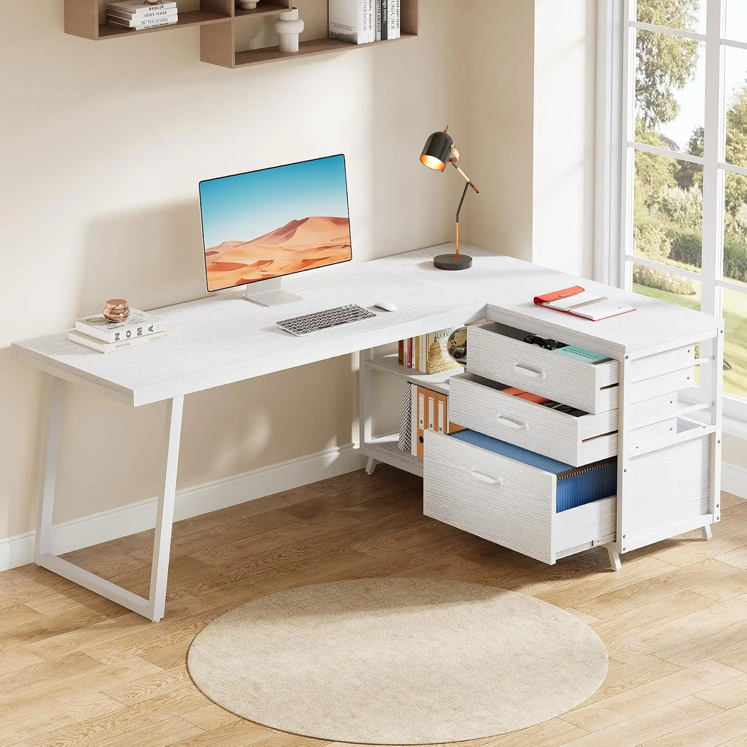 L Shaped Office Desk Reversible Corner Computer Desk with 3 Drawers & 2 Shelves for Home Office Study Gaming White, Customized