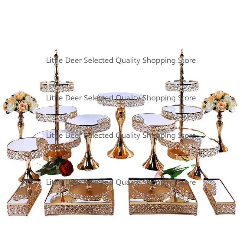New Gold Metal Crystal Double Tier Cake Stand Set for  Ramadan Wedding Birthday Events Party Cake Decoration
