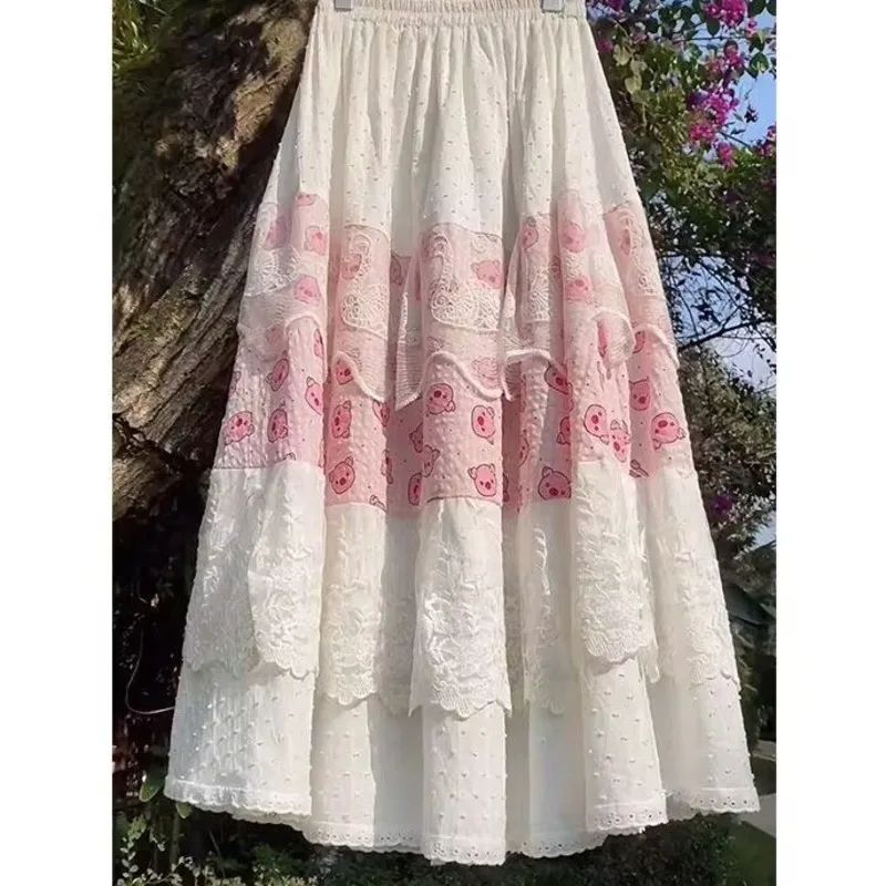 

Bear Lace Patchwork Dresses Ins Y2K Pink Checkered Chic Retro Half Skirt Spring Summer Elegant High Waisted A-line Dresses New