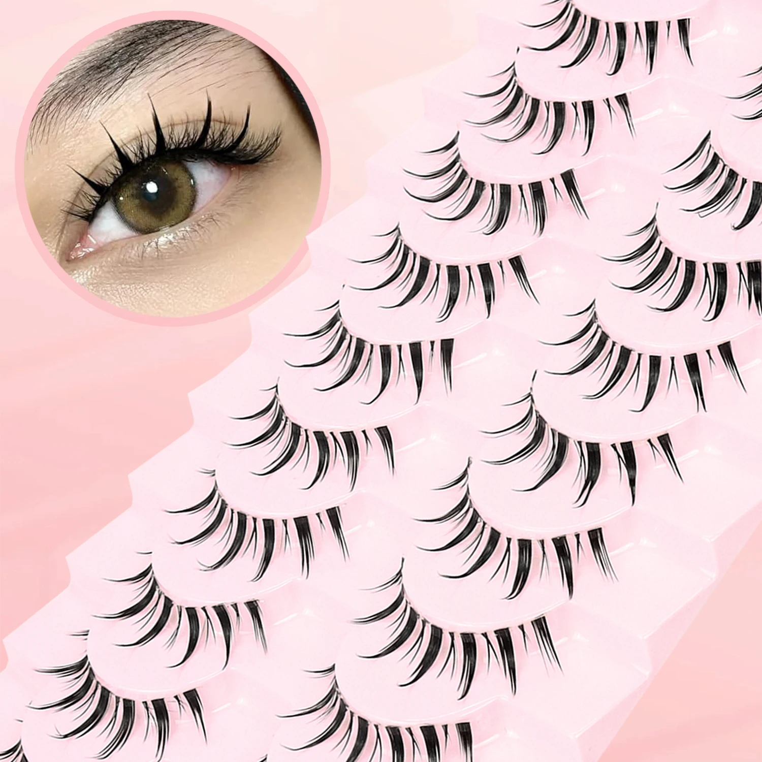 10 Paar künstliche Cartoon-Wimpern mit natürlichem, langem und spitzem, transparentem Stiel SHM-10-6