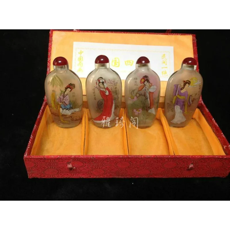 4pc Chinese Four big beautiful women painting collection glass SNUFF BOTTLE-painting home decoration SNUFF BOTTLE