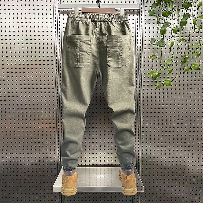 2023 Spring Autumn NEW Men\'s Clothing Solid Color Elastic Waist Bind One\'s Feet Cargo Pants Man Vintage Fashion Casual Pants