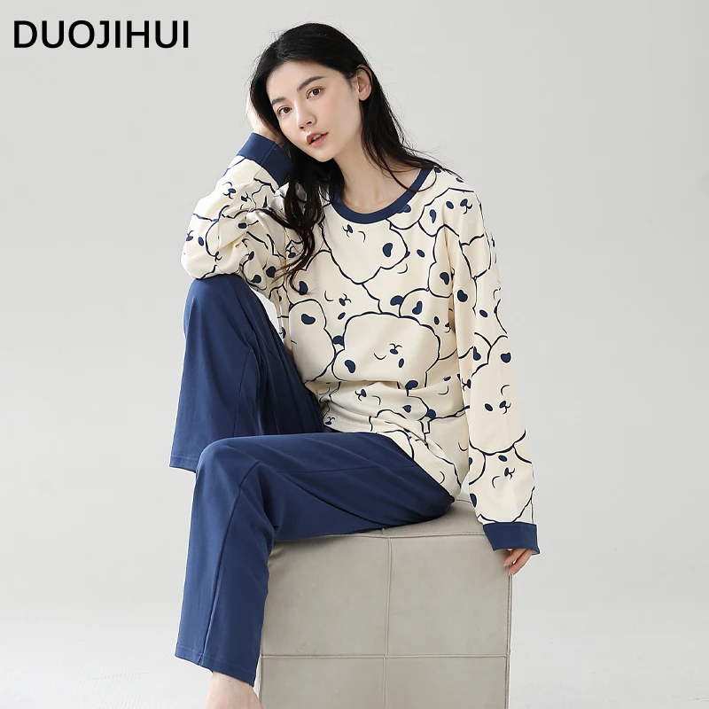 DUOJIHUI Loose Simple Soft Casual Female Pajamas Set Autumn Chic Print Pullover Basic Pant Fashion Spell Color Pajamas for Women