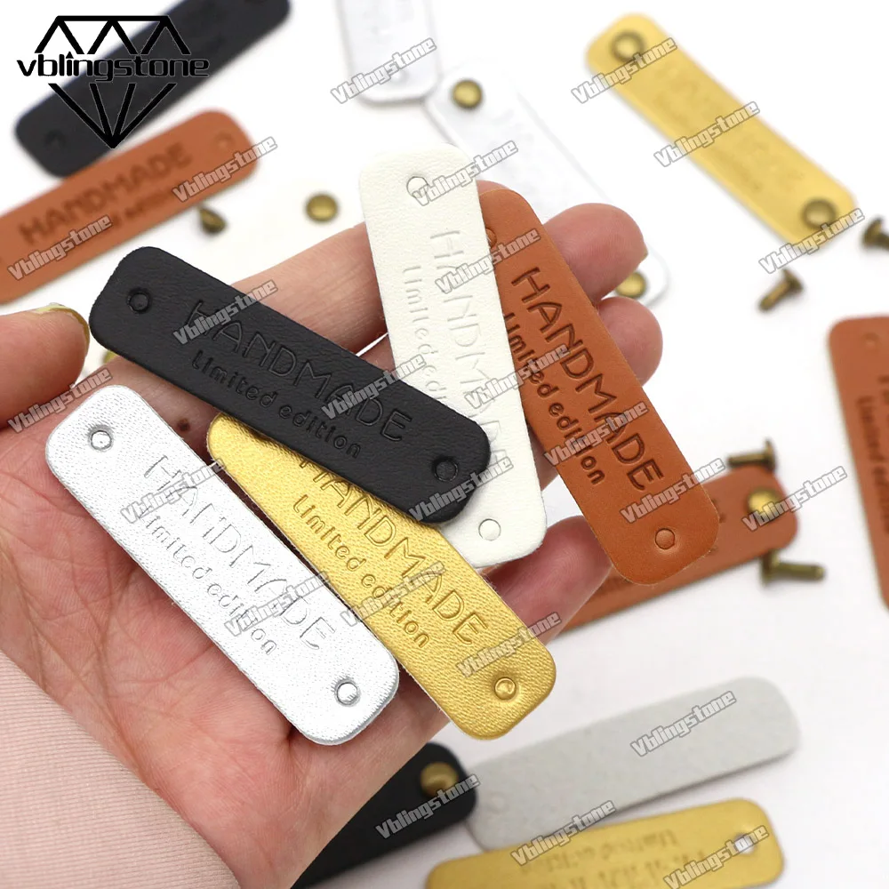 50 Stück handgefertigte PU-Leder-Etiketten in limitierter Auflage, handgefertigte Etiketten für Kleidung, Nähen, Etiketten, DIY-Geschenk, Metall-Doppelkappe, runde Niete – Detail 4