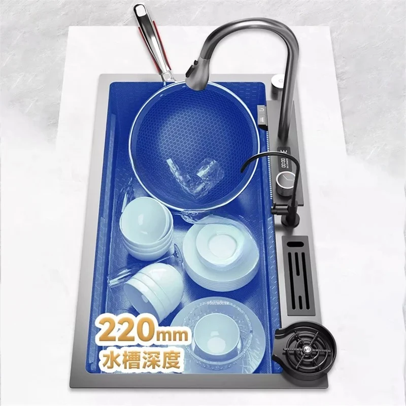 & Embossed Large Single Slot 304 Stainless Steel Kitchen Sink Waterfall Sink Wash Basin Under Counter Basin Washing Vegetable Si