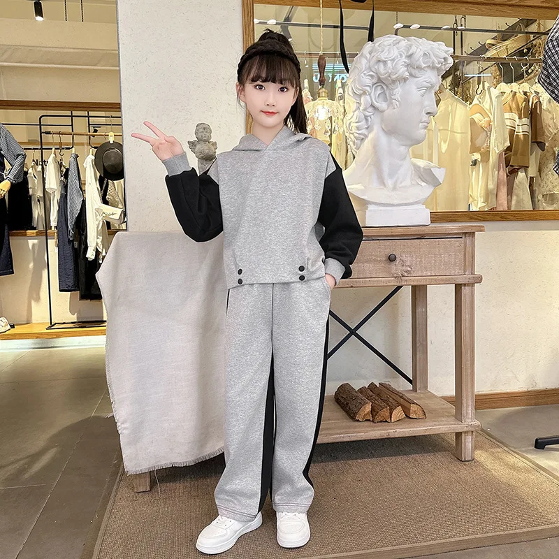 Spring/Autumn Kids Girls Clothes Suit Child patchwork loose sweatshirt t-shirt top and loose pant Tracksuit 4 5 8 10 14 Year