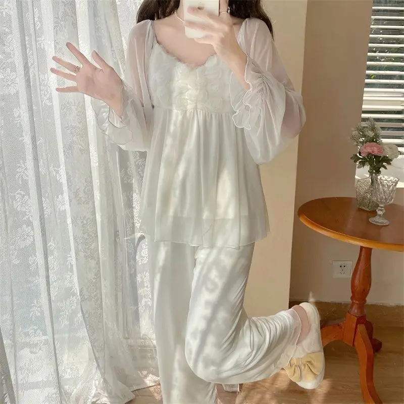 Ladies Solid Color Robe Pajama Set Long Sleeve Sleepwear Loose Sleep Pants Casual Homewear Soft Daily Loungewear Nightwear Suit