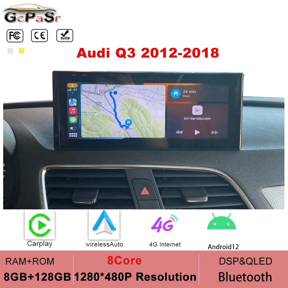 

For Audi Q3 Google WIFI 4G SIM 8+128GB RAM IPS Touch Screen GPS Navi Carplay 8 Core Android 12 System Car Multimedia Stereo