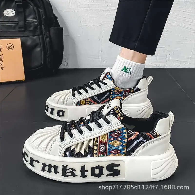 

Letter splicing fashionable sports and casual men's designer leather fabric breathable high-rise flat-sole thick-soled shoes