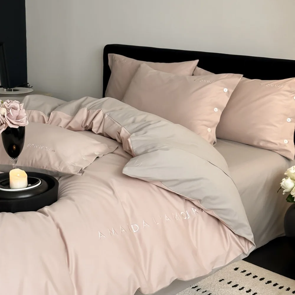 3/4pcs High-end Class A 100S Long-staple Pure Cotton Polished Bedding Set Solid Color Flat/Fitted Sheet Quilt Cover Pillowcases