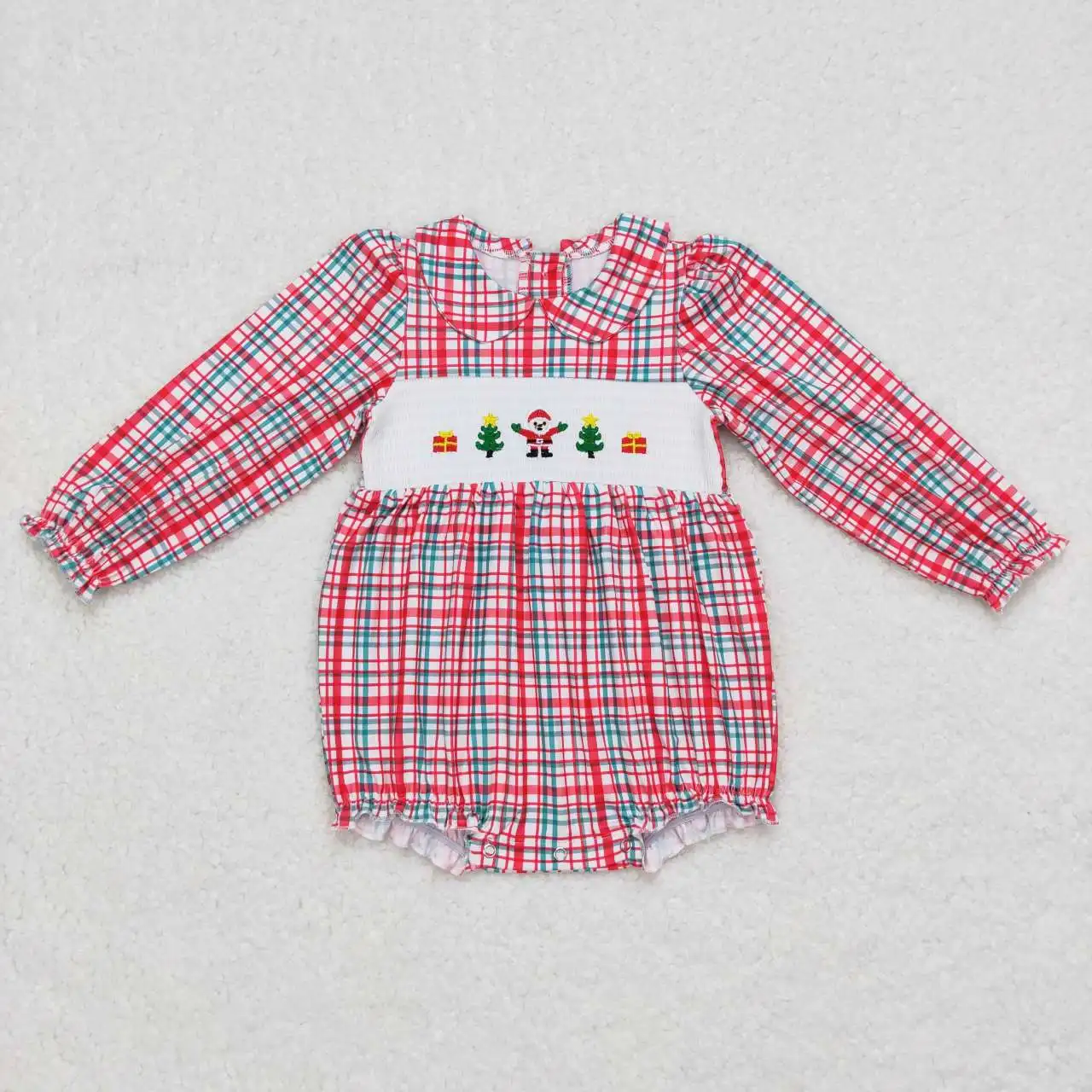 

Kids Children Long Sleeves Infant Christmas Santa Smocked Jumpsuit Baby Girl Plaid Embroidery One Piece Newborn Toddler Romper