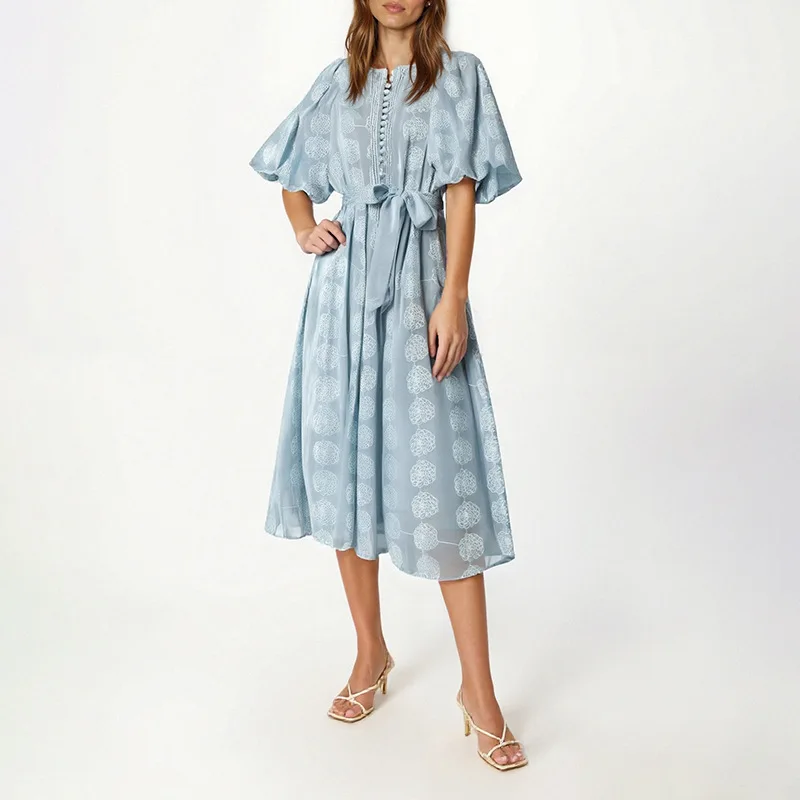 

French Elegant High-End Women 2025 New Style Tie Waist Mesh Puff Sleeve Printed Design Dress