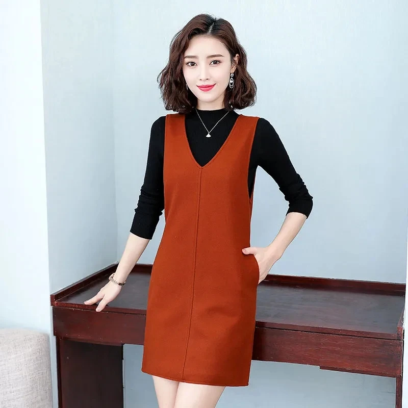 Woolen Dress Women\'s New Sleeveless Strap Dress Spring Autumn Mid Length Slim All-match Elegant Spaghetti Bottom Wool Vestidos