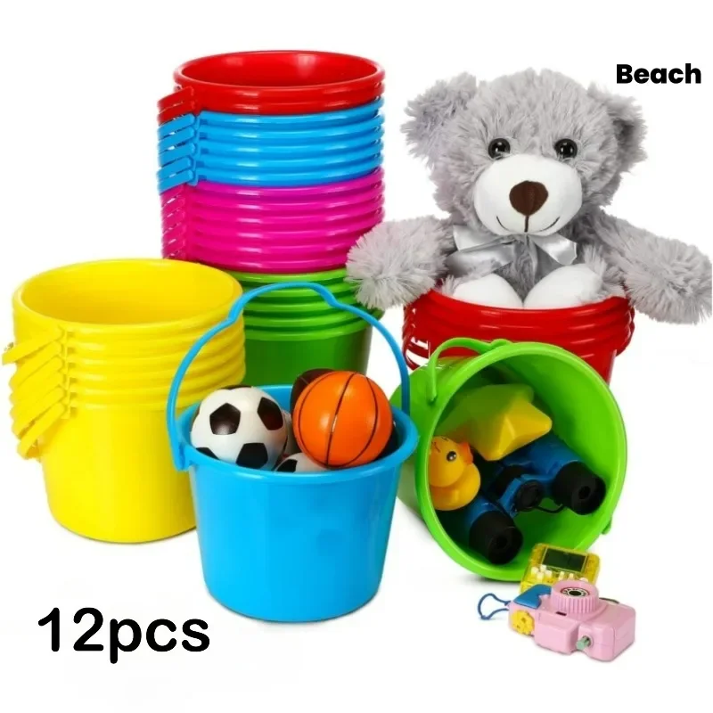 12pcs Mini Plastic Beach Bucket Set with Handles Assorted Colors Durable Lightweight for Beach Parties Activities Beach Buckets