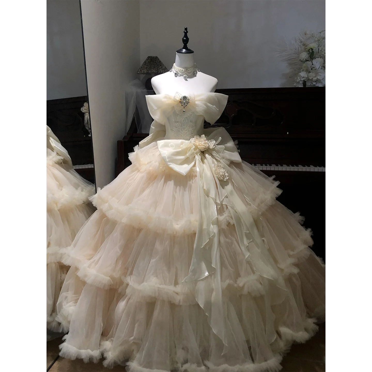 

Белая принцесса Sle Evening Dr Student aduation, юбка Лолиты для взрослых, свадебная юбка с цветочным принтом и низкой талией, ткань Cosite