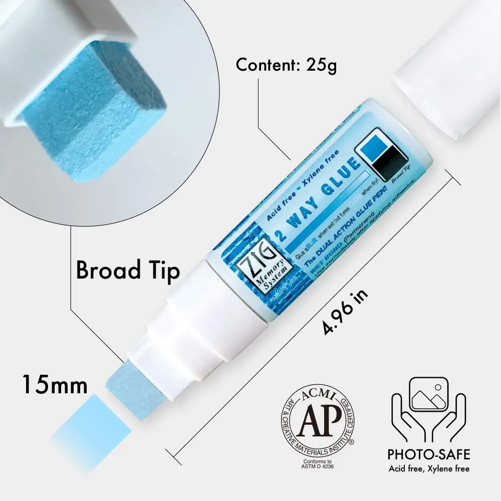 Japan Kuretake Zig 2 Way Glue Pen(1mm/2mm/4mm/15mm) , Adhesive for Professional,Artists, Crafting, Scrapbooking, Gift Card