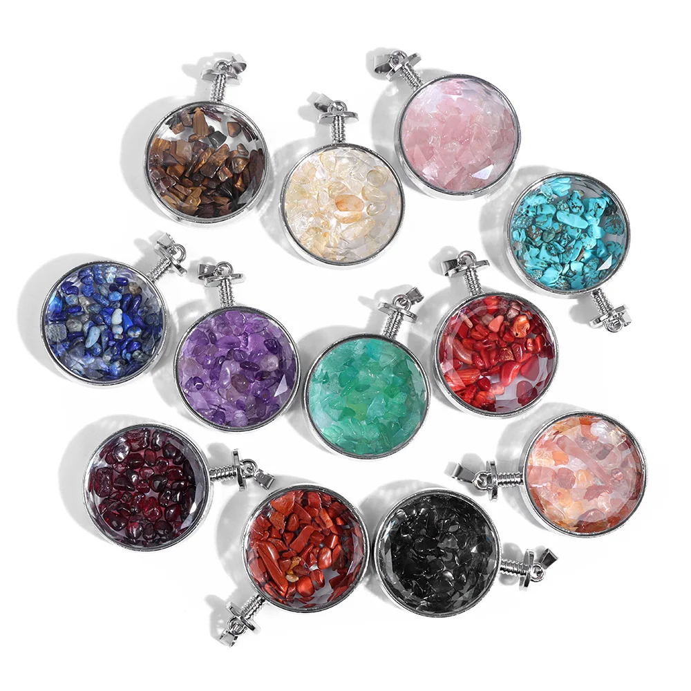 2 stücke runde Naturstein Edelstein Chip Anhänger facettierte Amethyste Lapislazuli Granat Kristall Quarz Anhänger DIY Frauen Männer Halskette
