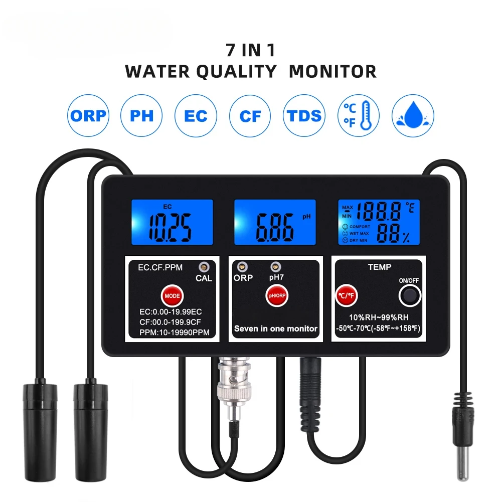 New 7 in 1 Water Quality Tester PH meter Multi-parameter aquarium PH/Temperature/EC/CF/RH/TDS