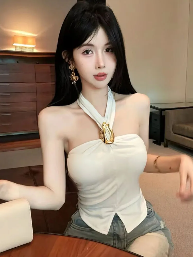 Women's Elegant Halter Camisole With Metal Buckle Summer Sleeveless Backless Tank Top Sexy Slim Fit Side Slit Vest