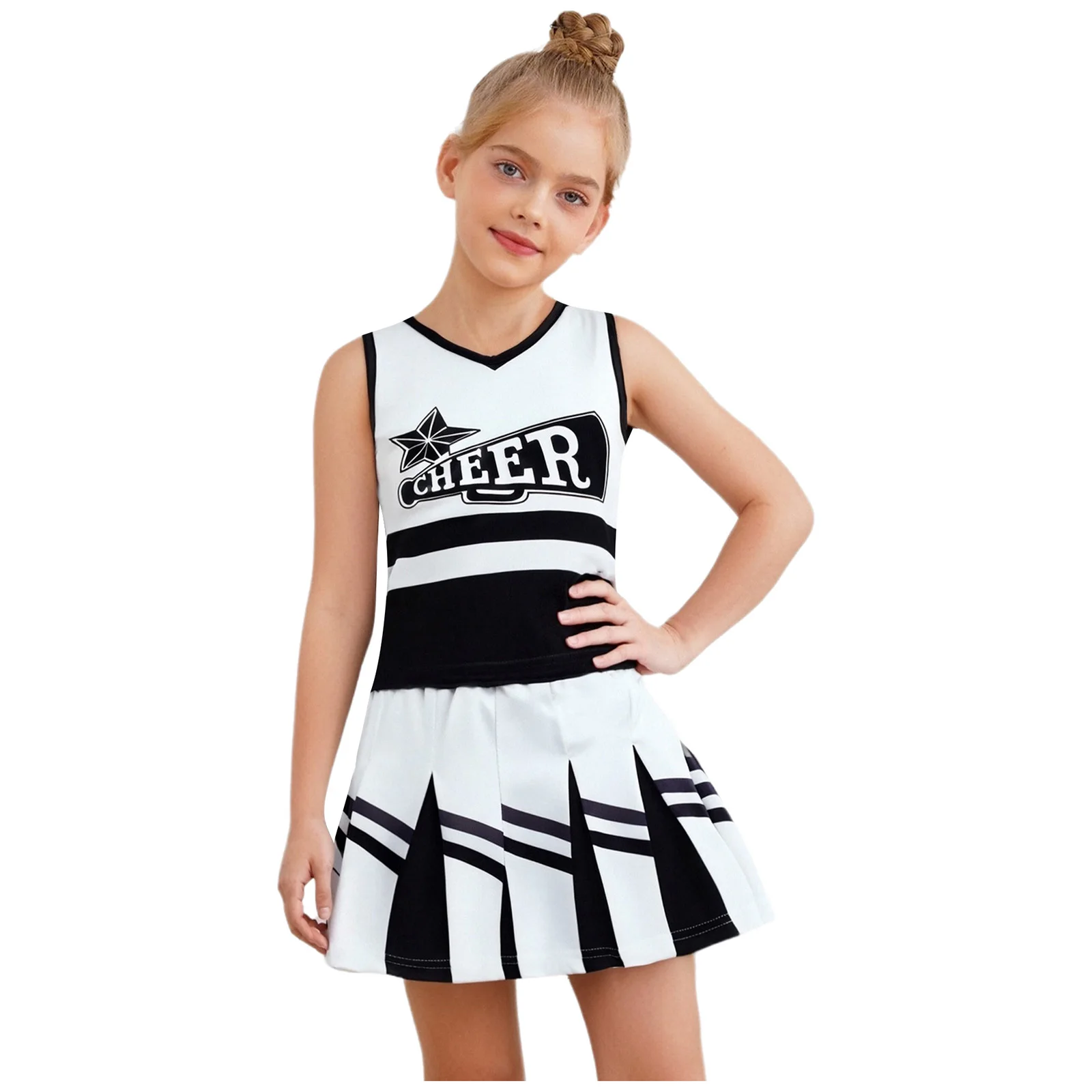 

Kids Girls Cheerleader Costumes Cheerleading Dance Outfit Print Round Neck Sleeveless Top+Pleated Skirt for School Sports Party