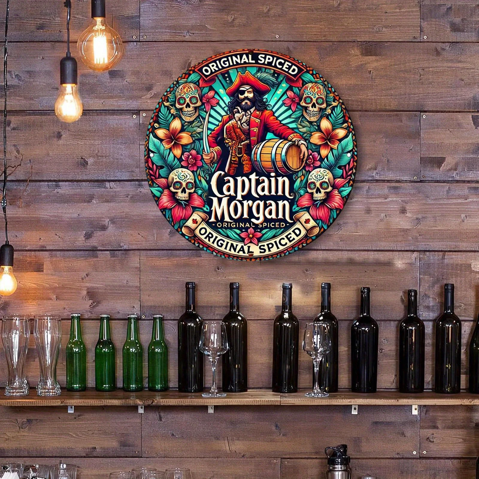 مسطح ثنائي الأبعاد - لافتة معدنية مستديرة كابتن مورغان كاريبيان سبيريت - لوحة فنية جدارية نابضة بالحياة من الألومنيوم بتصميم زهور وجمجمة، مثالية لـ