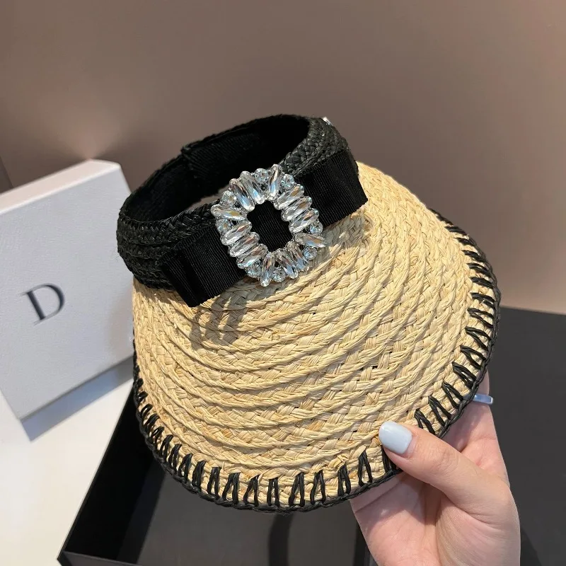 

Luxury Raffia Hat Women Hand-Stitched Bow Rhinestone UPF50 Sun Protection Lightweight Foldable Beach Elegant Free Shipping​​