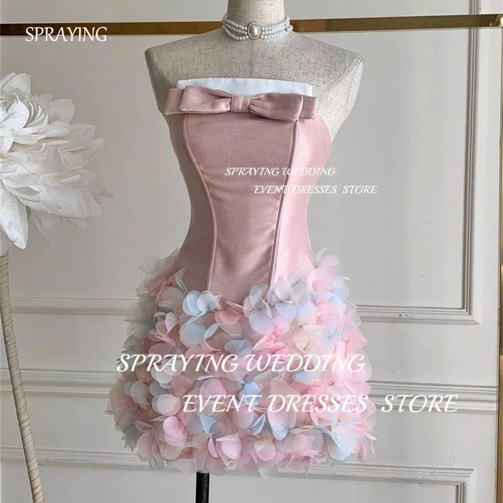 

SPRAYING Simple Pink Mini 3D petals Sleeveless Prom Dress Strapless Bow Short Cocktail Dress Satin Formal Party Dresses