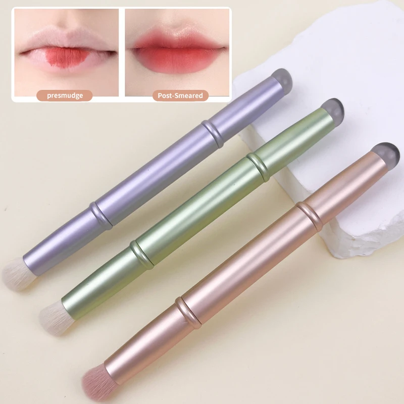 Pennello per labbra a doppia testa 1 pezzo, guscio in lega di alluminio, copertura antipolvere, pennello per trucco, pennello per labbra gelatinoso, strumento per trucco, trucco viso bru