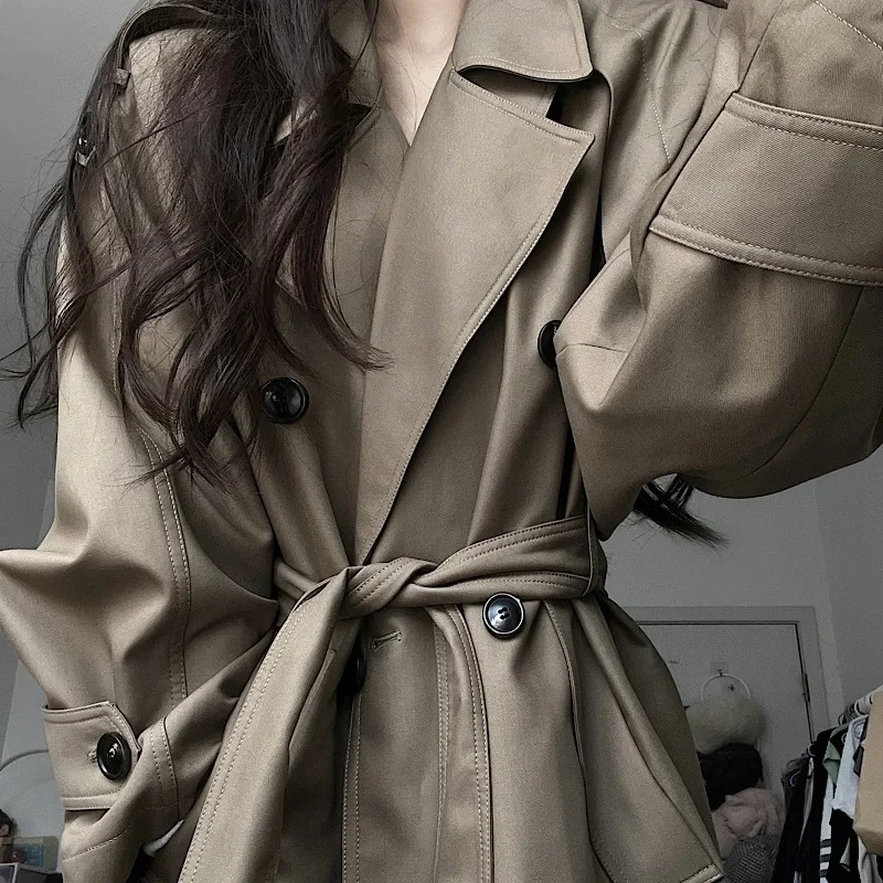 

2025 New Style Korean Version Women's Windbreaker Jacket Loose Fit Long Sleeve Casual Overcoat Double Row Buttoning Spring