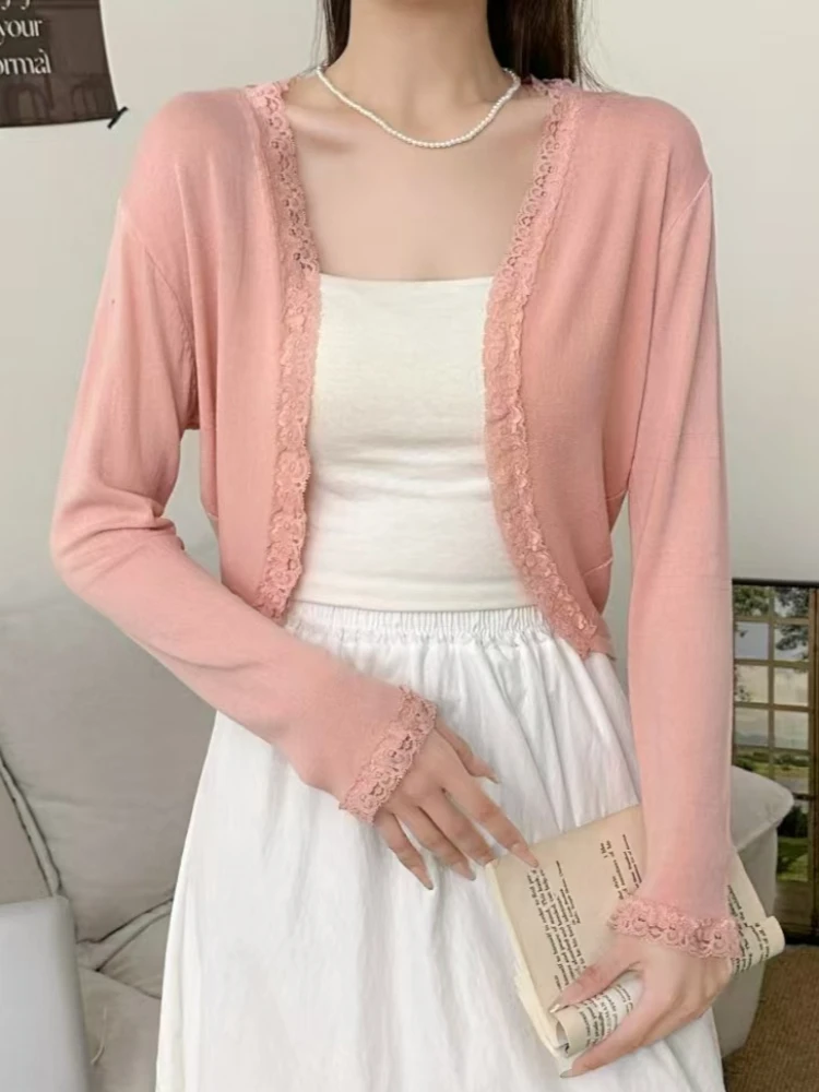 

AOSSVIAO 2026 Весна-Лето Новинка: Женский кардиган из трикотажа с защитой от солнца, тонкий, с кружевной отделкой, верхняя одежда из ледяного шелка, короткая накидка-шаль