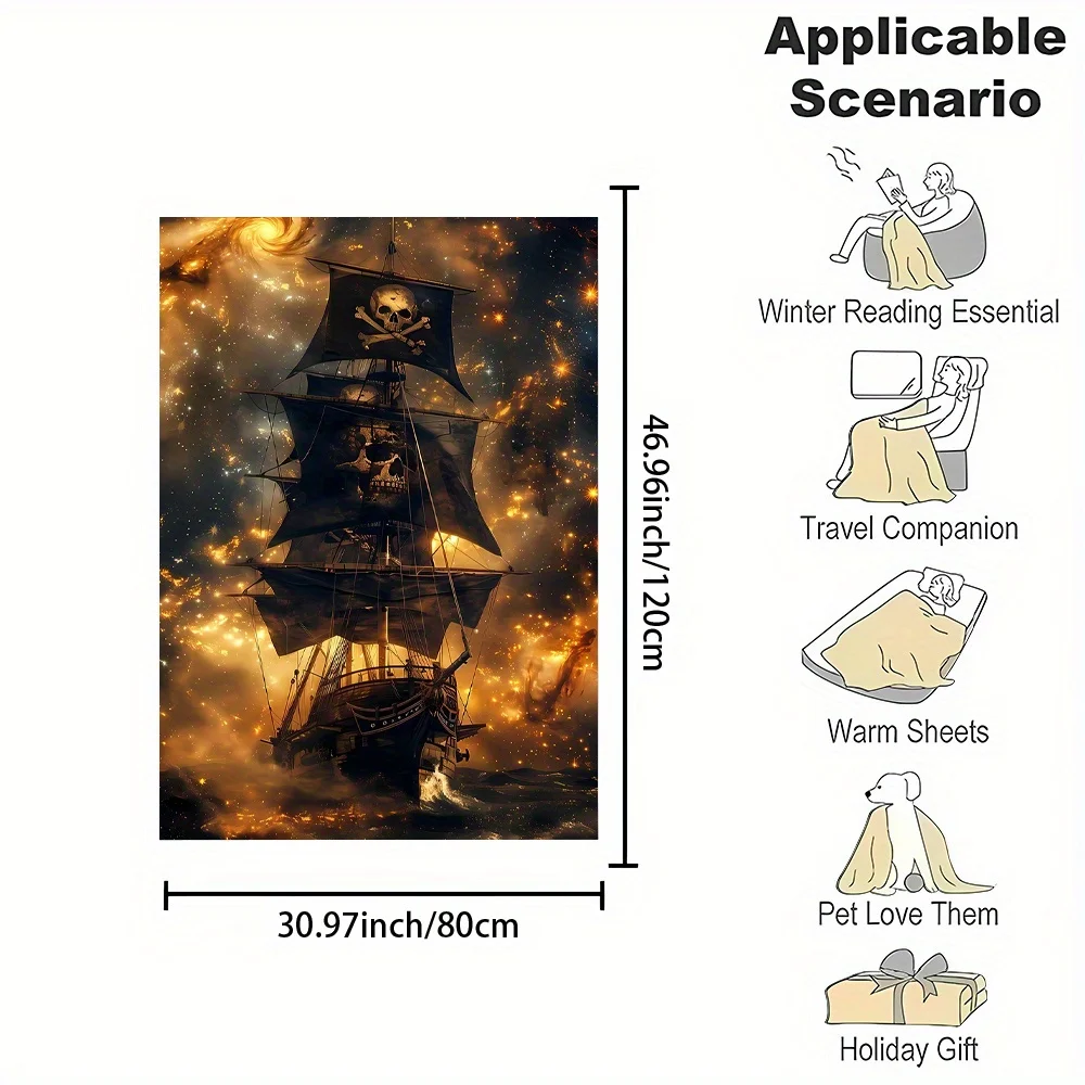 Highly Detailed Pirate Ship Skeleton Skull Throw Blanket Nautical Ocean Gothic Fleece Microfiber Decor Bed Cover