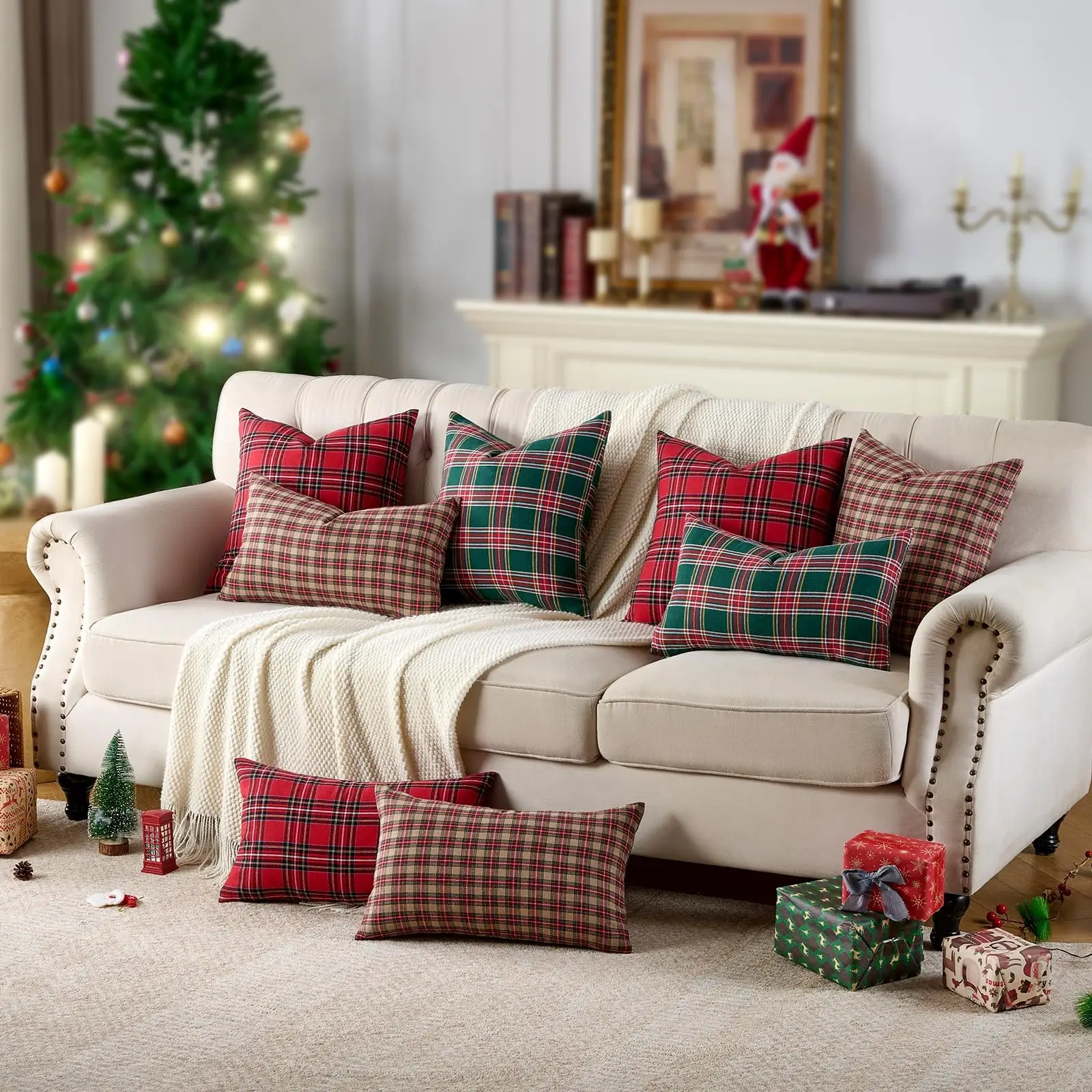 2Pcs Tartan Christmas Decorative Throw Pillow Covers, Red Plaid Pillows Cover for Living Room, Retro Classic Xmas Decorations