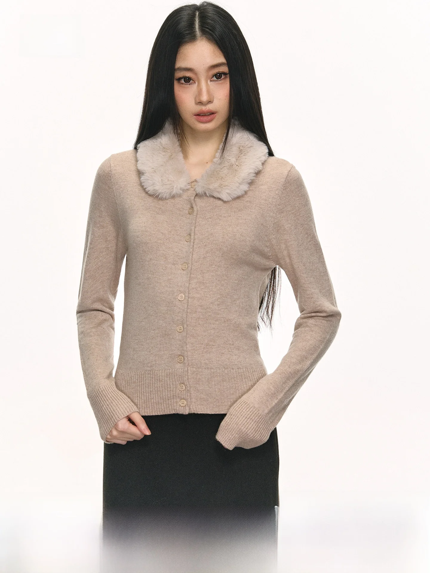 

Warm Oaeal Color Knitted Cardigan Coat Women's Long Sve Faux Fur Collar Spring Lazy Sle Faionable Top ANNA ANEAE