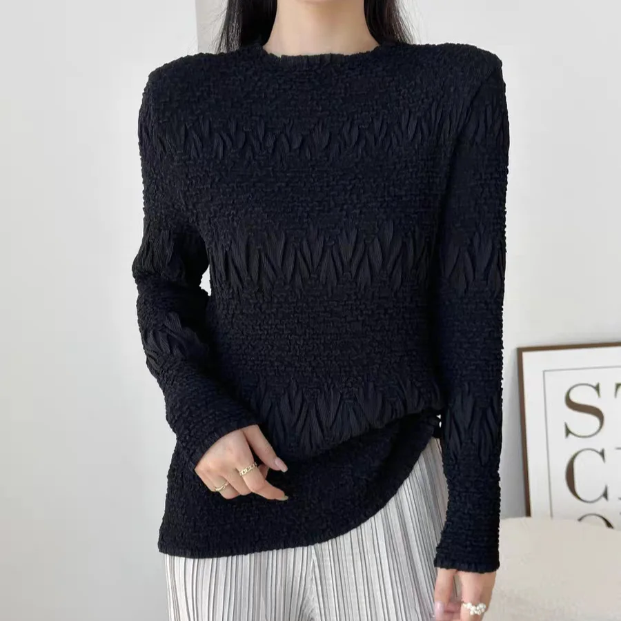 

Miyake Fold 2025 Autumn Base Shirt Women's New Versatile Casual Simple Fold Long Sleeve Pleats T-shirt Solid Color Single Wear
