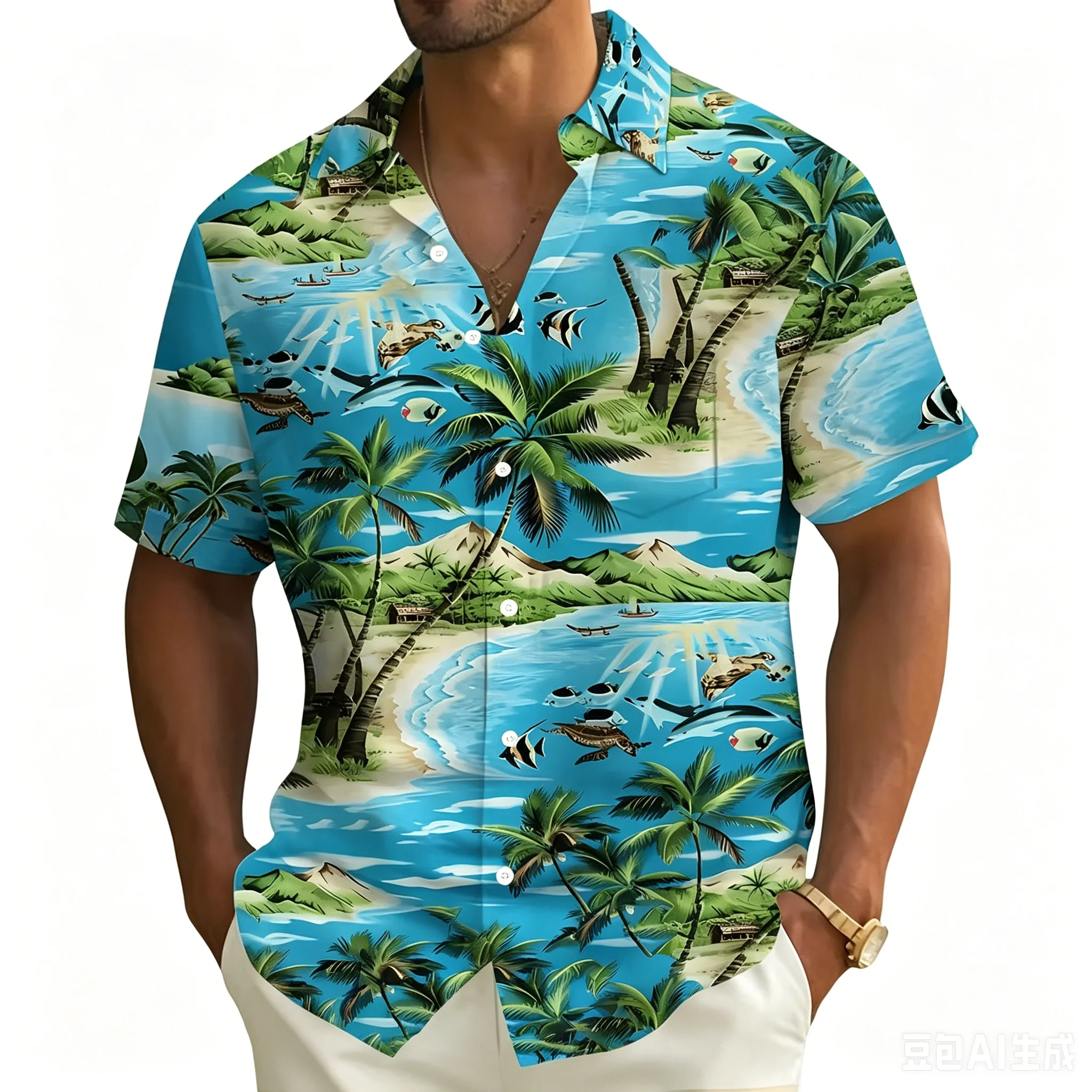 2026 Color Contrasting Geometric Island Parrot Printed Short Sleeve Shirt Loose Hawaiian Vacation Men's Flower Shirt