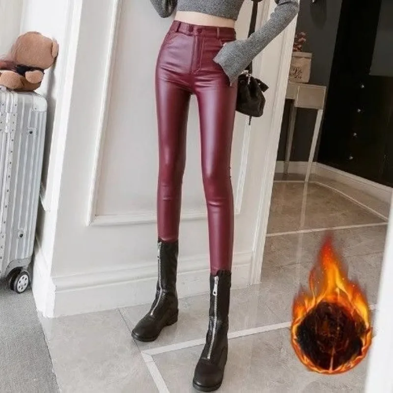 Black Pu Leather Pants Women Autumn Winter Fleece Thickened Leggings Elastic Form-fitting Skinny Pants Tight Pencil Long Outcoat