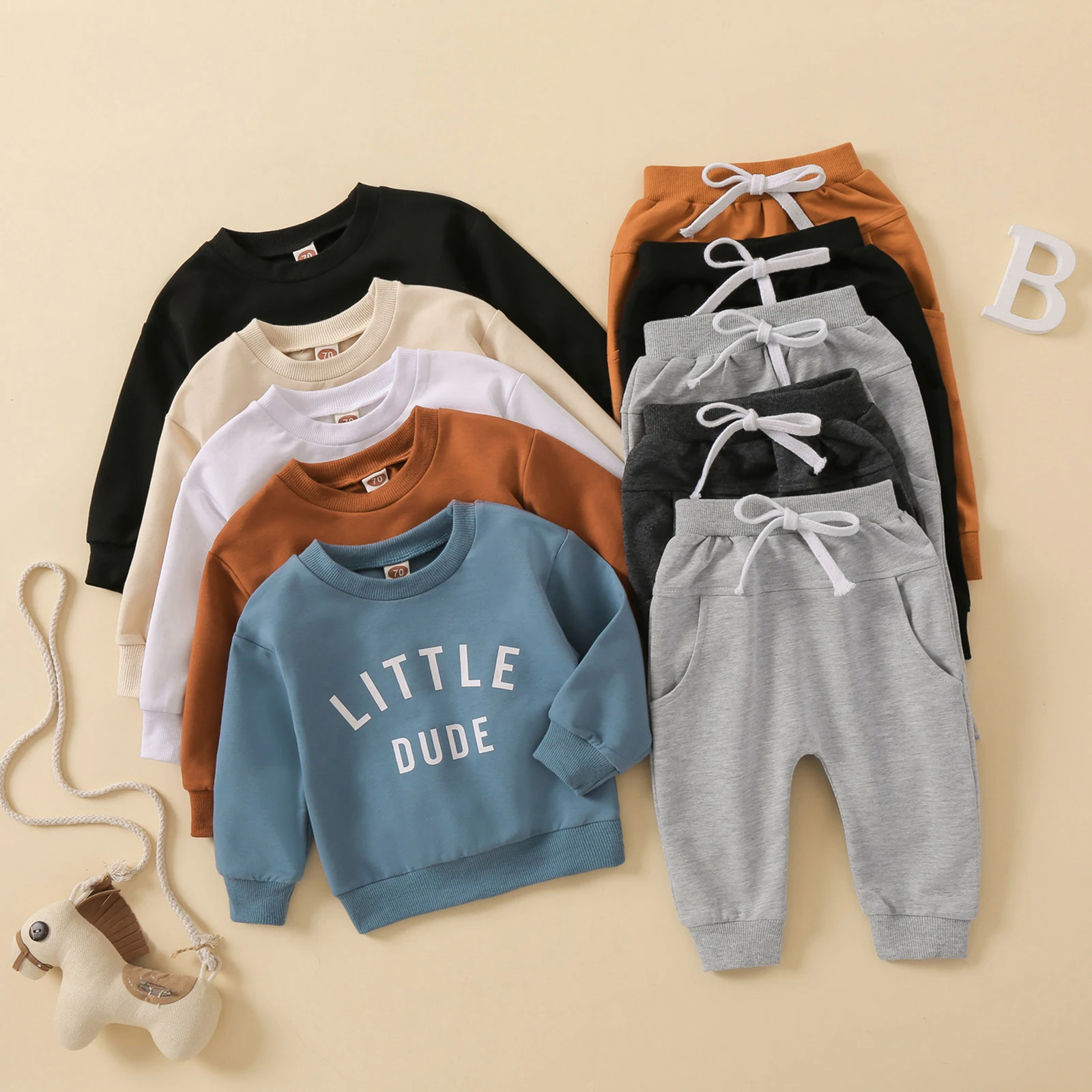 2Pcs Infant Baby Boy Outfits Funny Letter Print Long Sleeve Sweatshirt Pullover Top Drawstring Pants Fall Winter Boys Clothes